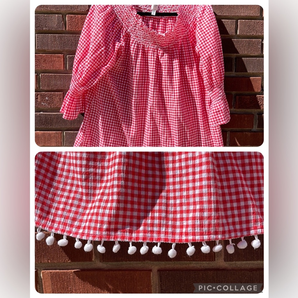 Rafaella red gingham blouse Size XL Pompom hem EUC